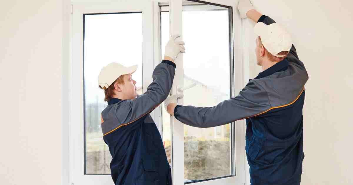 Two professional installers fitting a new window in a home.